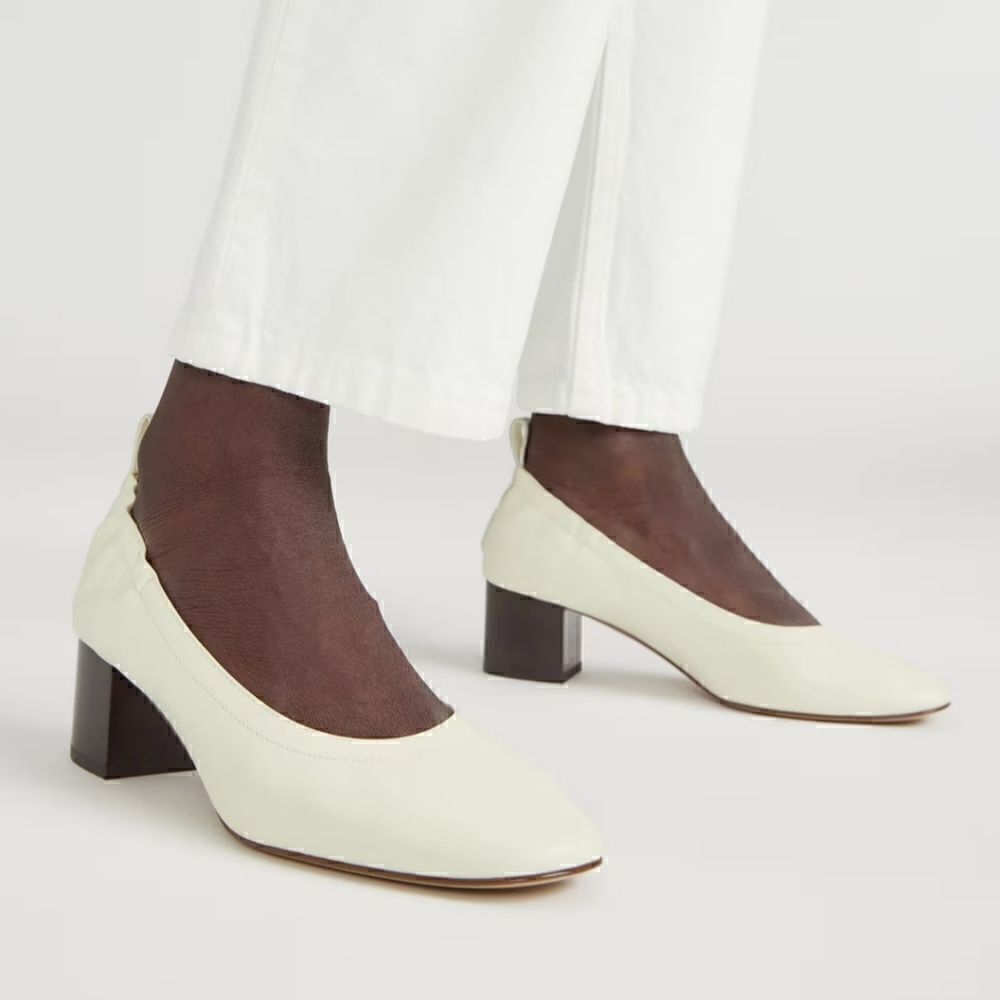 New! Everlane The Day Heel Nappa Leather Bone Stacked Ballet Pumps Shoes